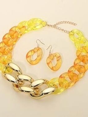Bold Yellow & Orange Resin Chain Necklace with Matching Hoop Earrings